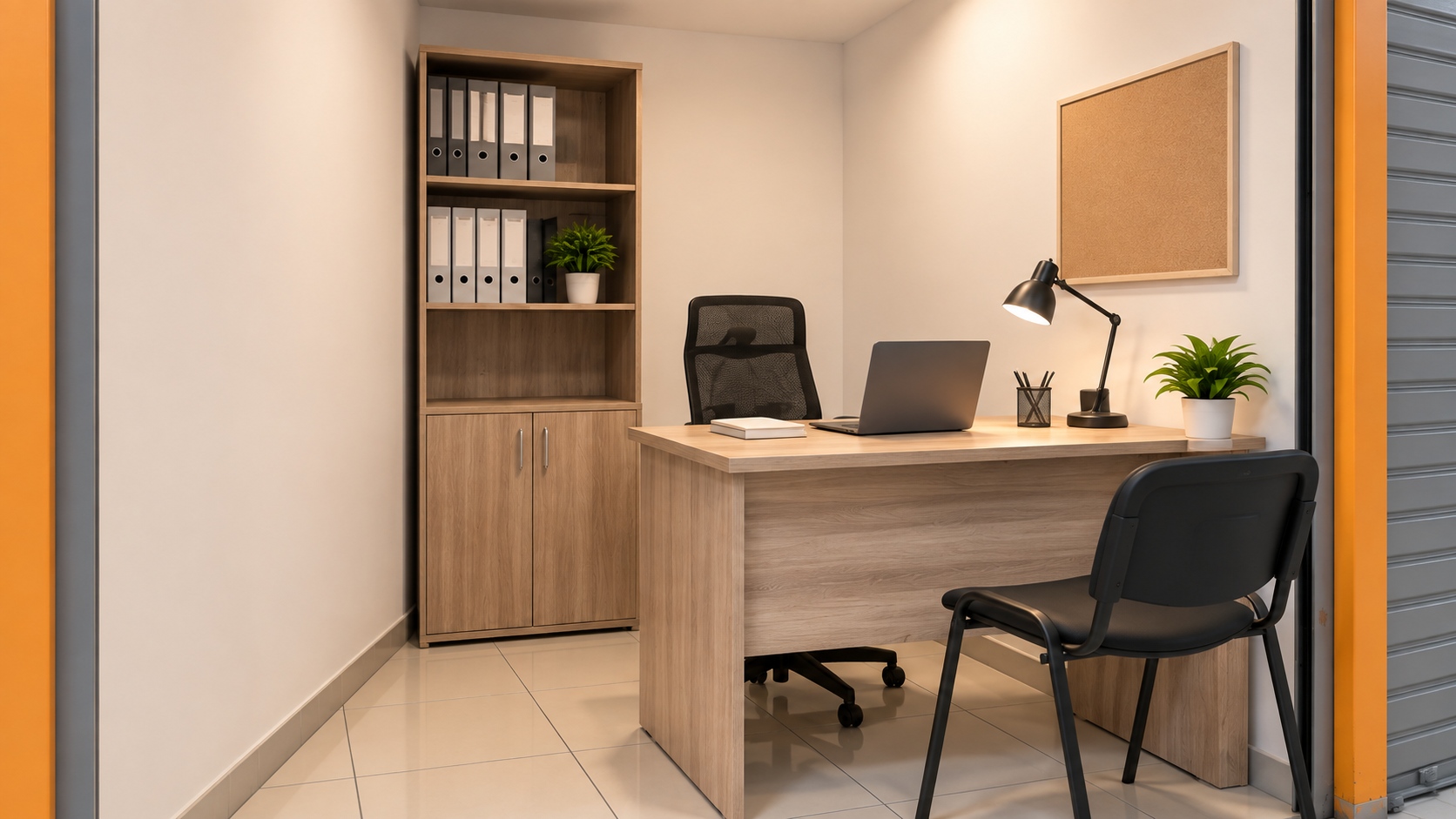 Detalle del escritorio y almacenamiento de una oficina compacta
