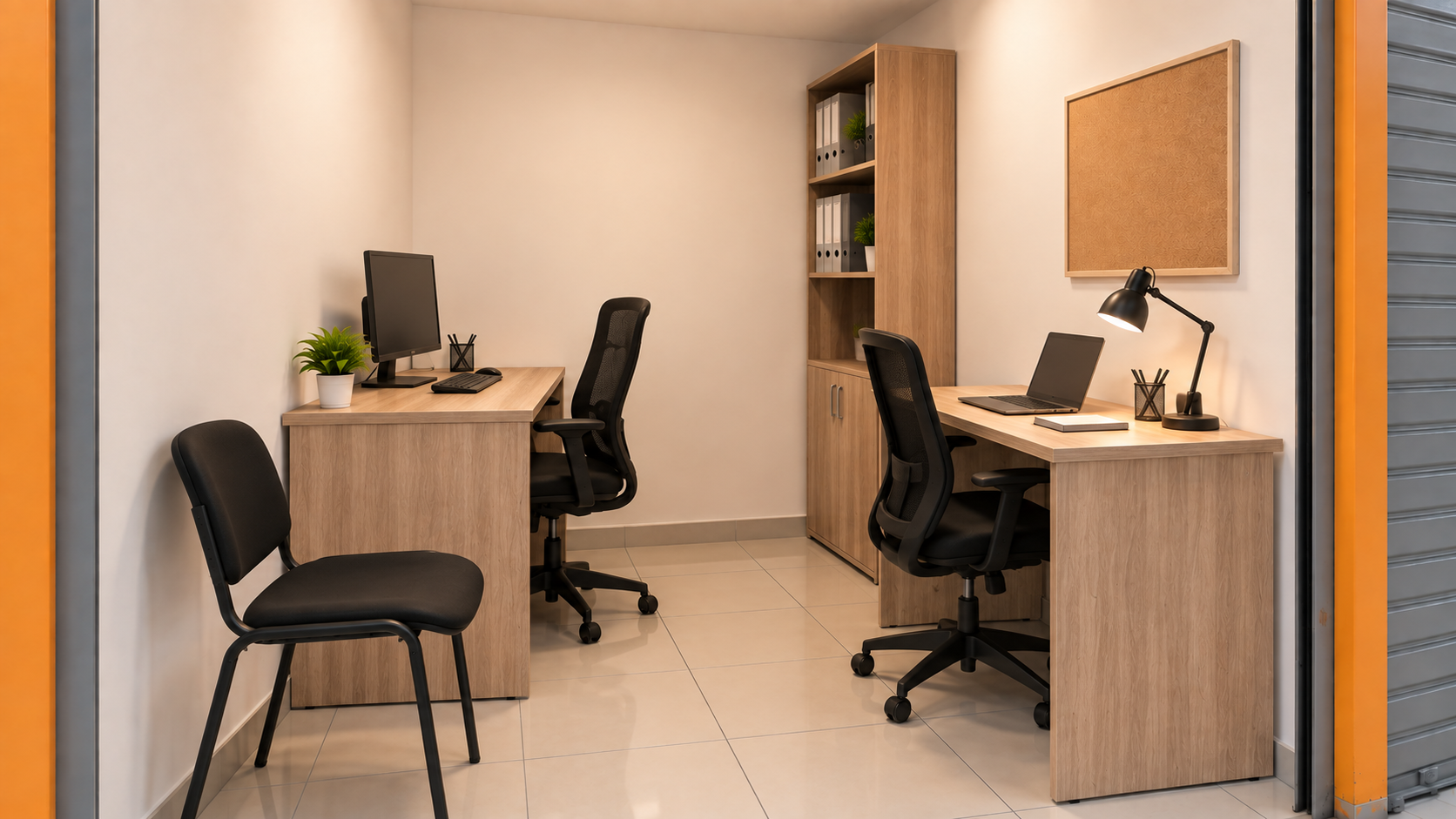 Oficina pequeña en Ate con dos escritorios, computadora, laptop y silla para una visita
